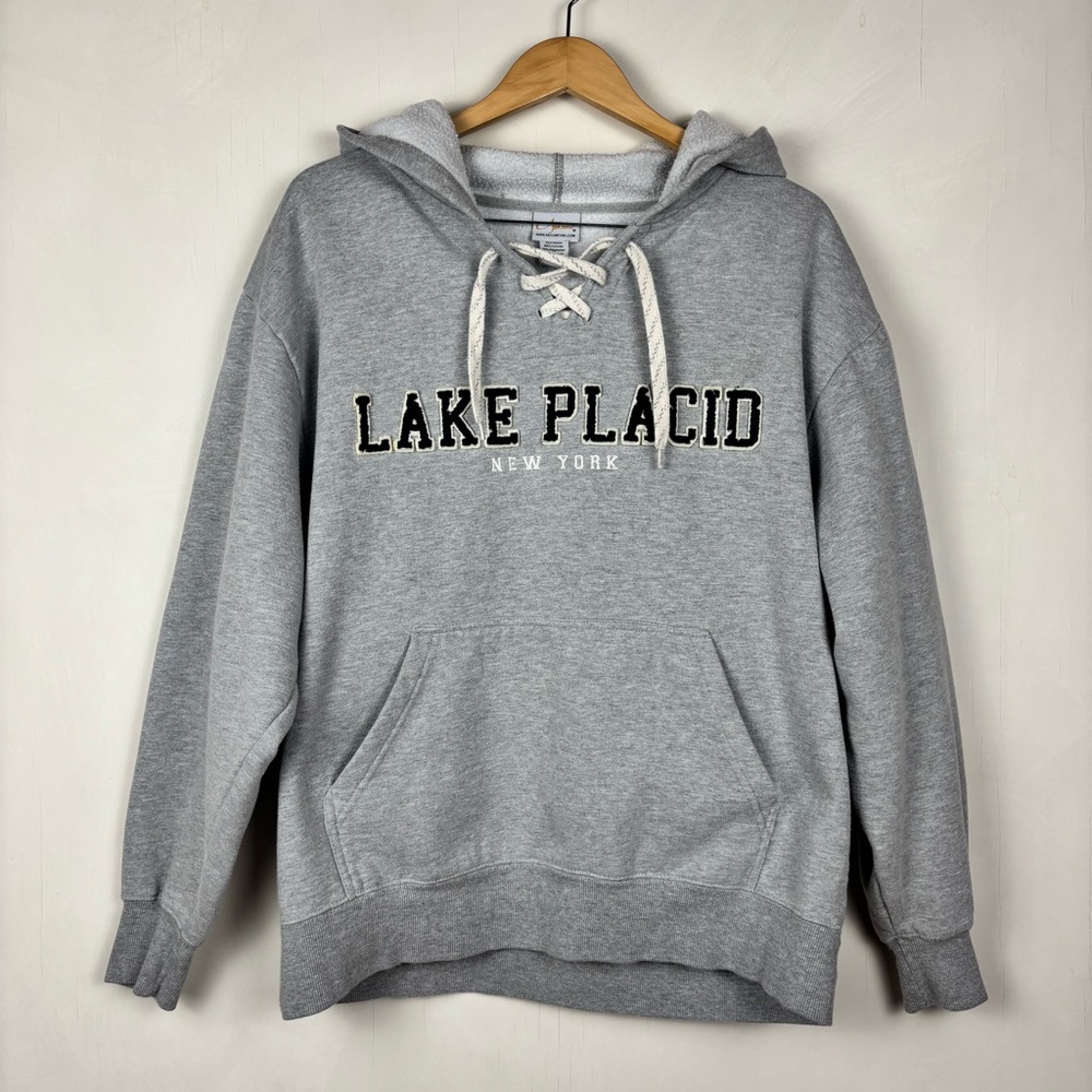 Artisans Lake Placid New York Lace-Up Hoodie Gray L Adirondacks Pullover Varsity